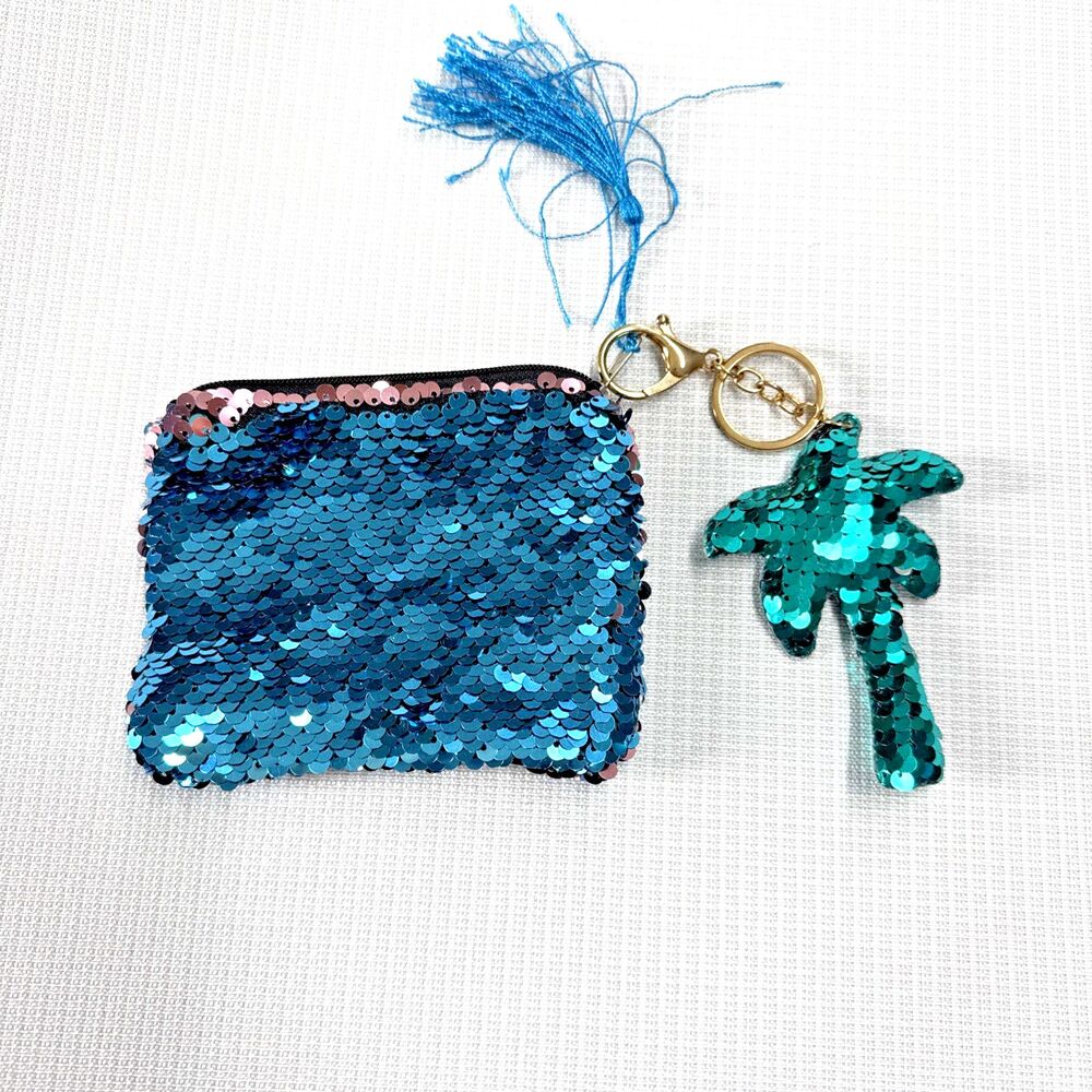 5"x4" Blue Color Change Sequin Zip Coin Purse w/ Keychain Mermaid Summer Fun